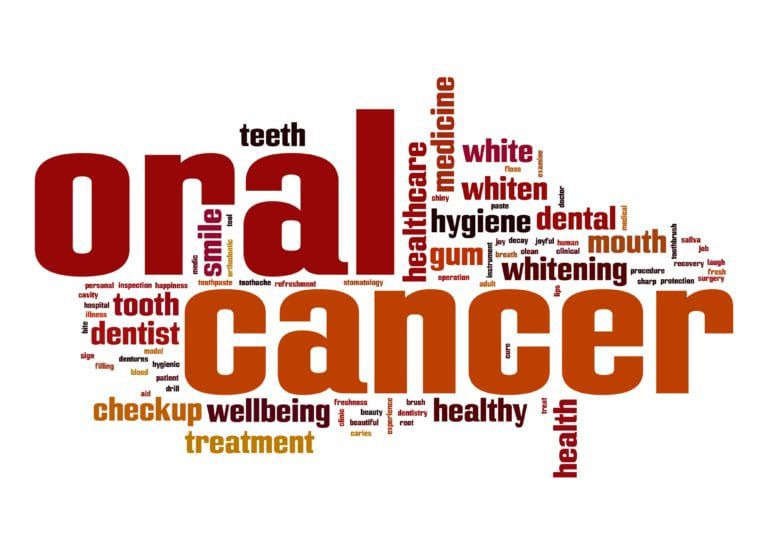 Oral cancer word cloud in red and orange text
